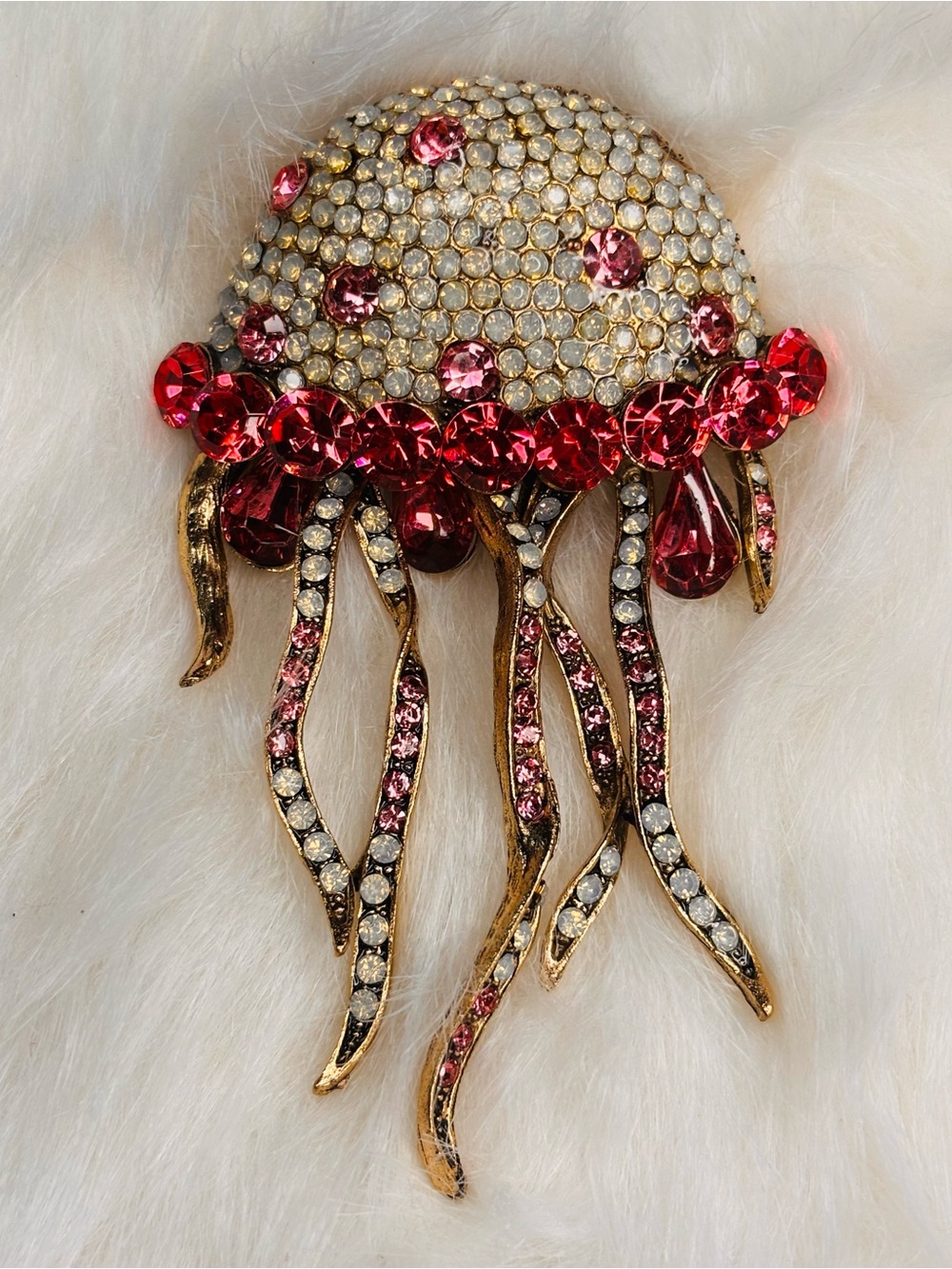 Pink Rhinestone Jellyfish Statement Brooch Gold Tone